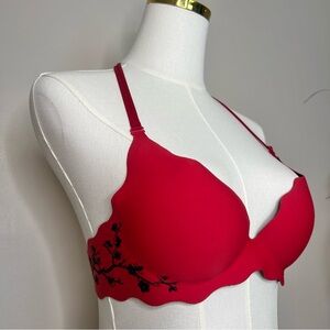 Victoria's Secret Very Sexy Push Up Bra Red Black Embroidered Halter 34B Y2K